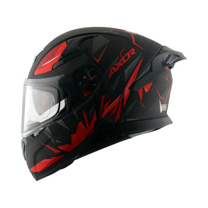Motodrift Axor Apex Hunter full-face motorcycle helmet in black and red with angular prism graphics and clear visor.