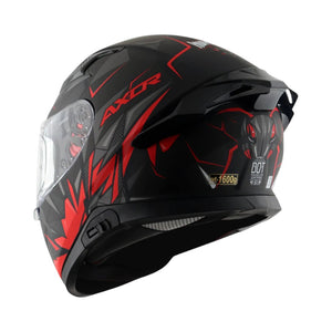 Motodrift Axor Apex Hunter full-face motorcycle helmet in black with red angular prism graphics and rear spoiler