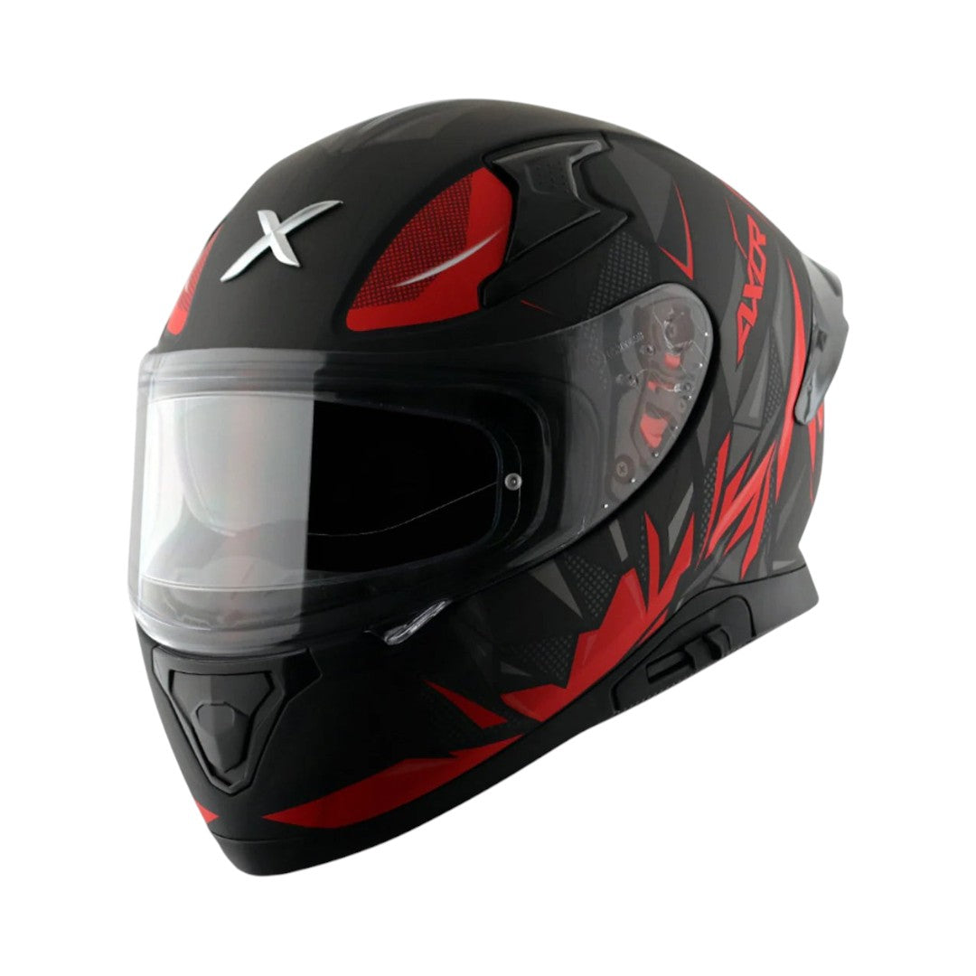 Motodrift Axor Apex Hunter full-face motorcycle helmet in black with red angular prism graphics and clear visor.