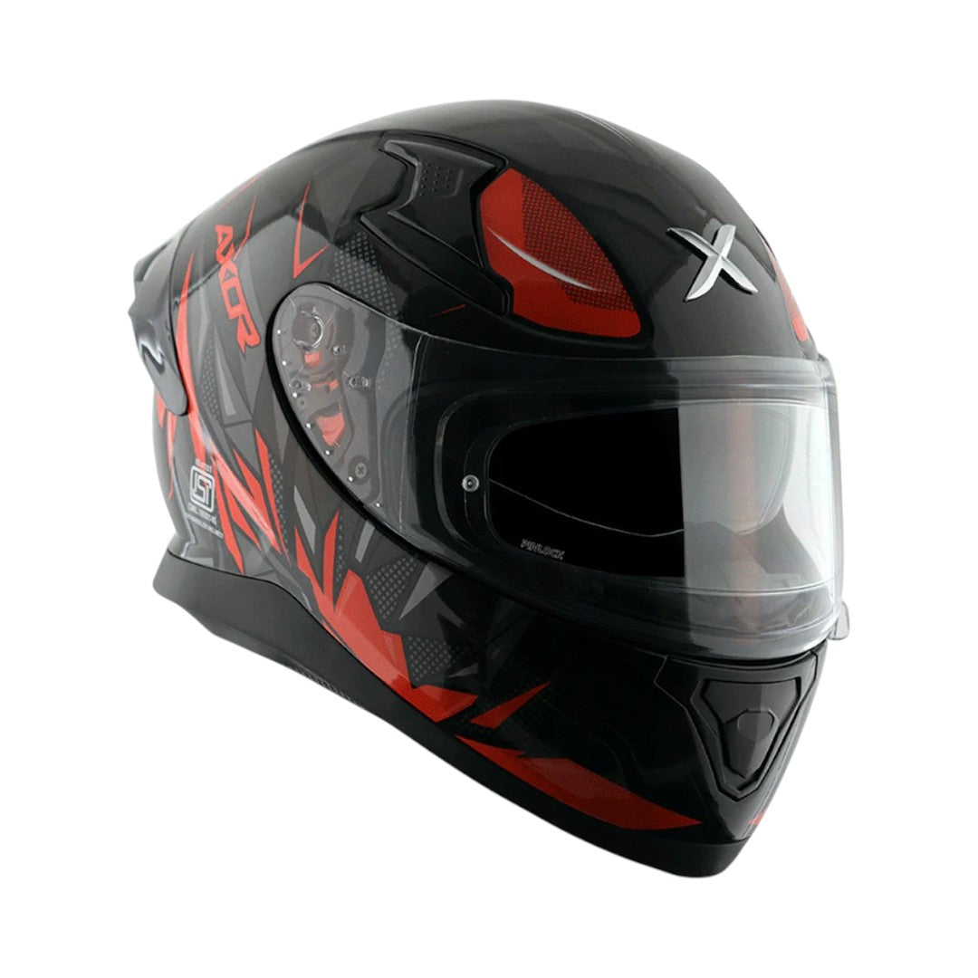 Motodrift Axor Apex Hunter full-face motorcycle helmet in black and red with angular prism graphics and clear visor