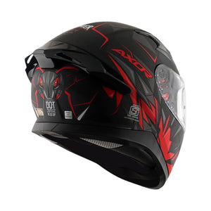 Motodrift Axor Apex Hunter full-face motorcycle helmet in black with red angular prism graphics and rear spoiler