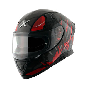 Motodrift Axor Apex Hunter full-face motorcycle helmet in black with red angular prism graphic and clear visor