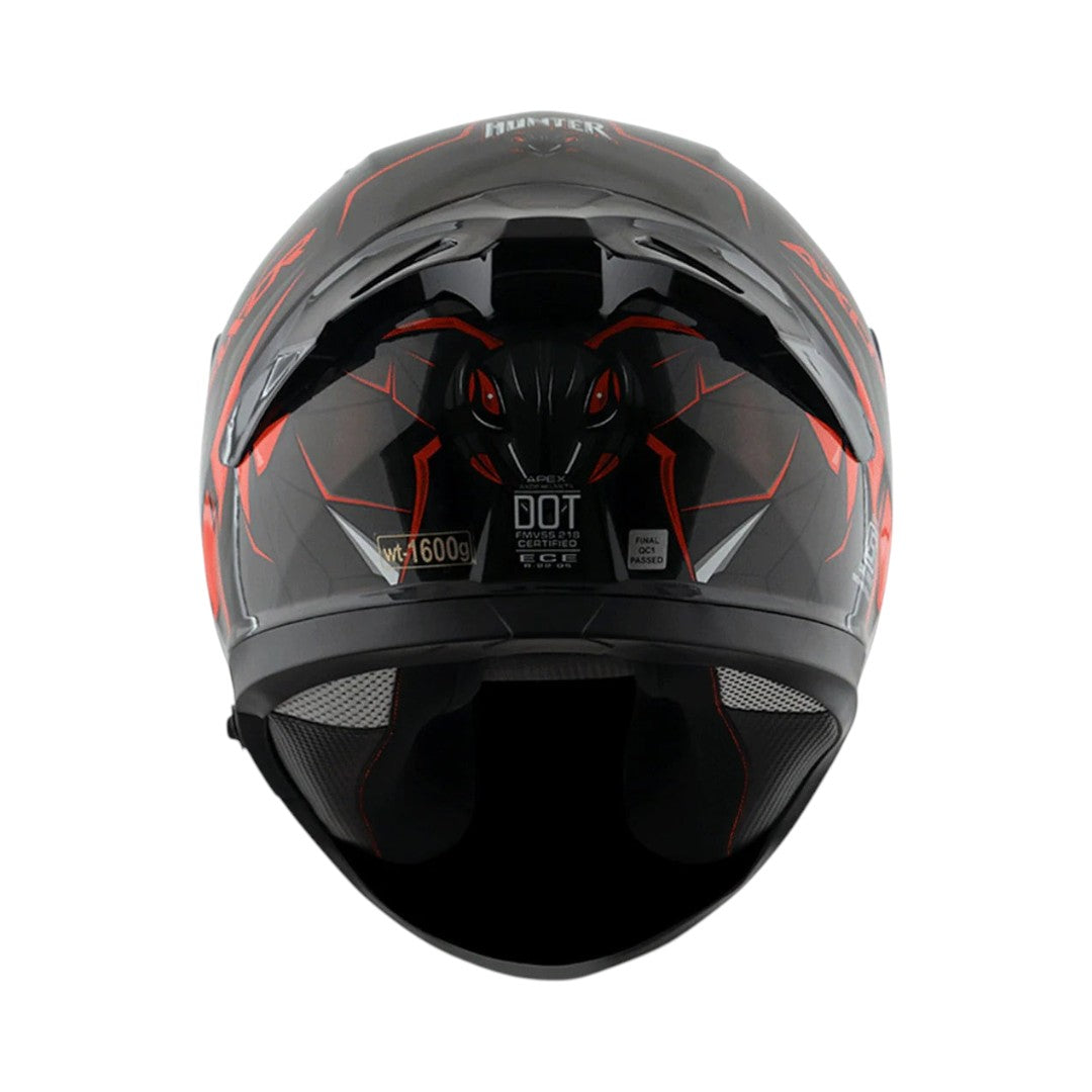 Motodrift Axor Apex Hunter full-face helmet in black and red with angular prism graphics, rear view