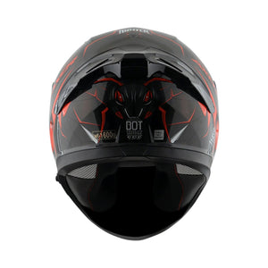 Motodrift Axor Apex Hunter full-face helmet in black and red with angular prism graphics, rear view