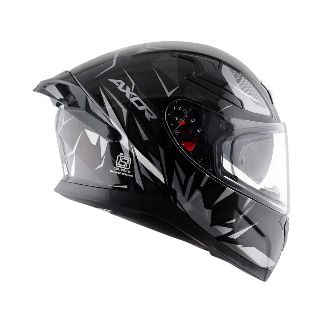 Motodrift Axor Apex Hunter full-face motorcycle helmet in black with angular prism graphics and clear visor