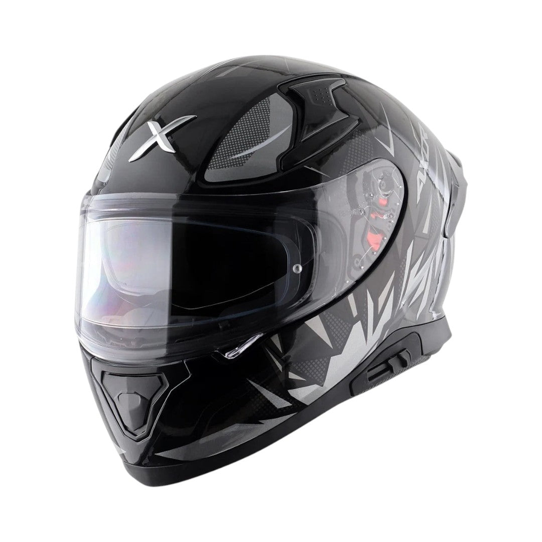 Motodrift Axor Apex Hunter full-face motorcycle helmet in black with futuristic angular prism graphic design