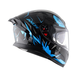 Motodrift Axor Apex Hunter full-face motorcycle helmet in black with blue angular prism graphics and clear visor