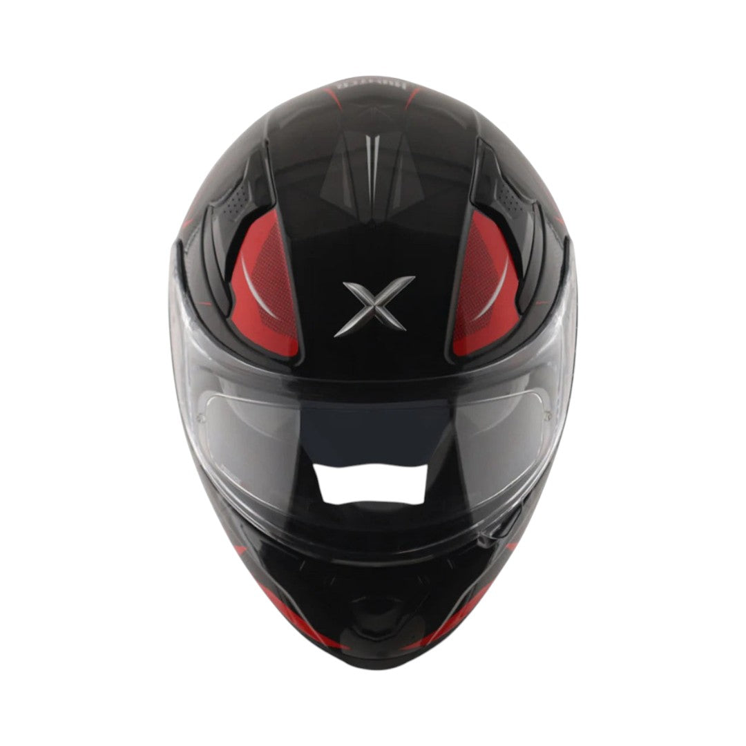 Motodrift Axor Apex Hunter full-face helmet in black and red with futuristic prism graphics and clear visor