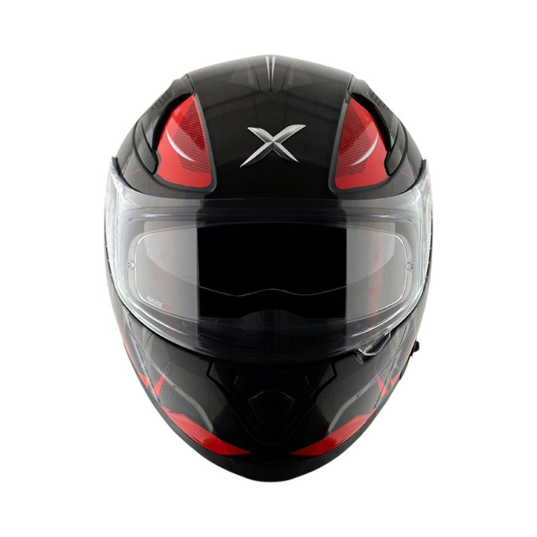 Motodrift Axor Apex Hunter full-face motorcycle helmet in black with red prism graphic accents and clear visor