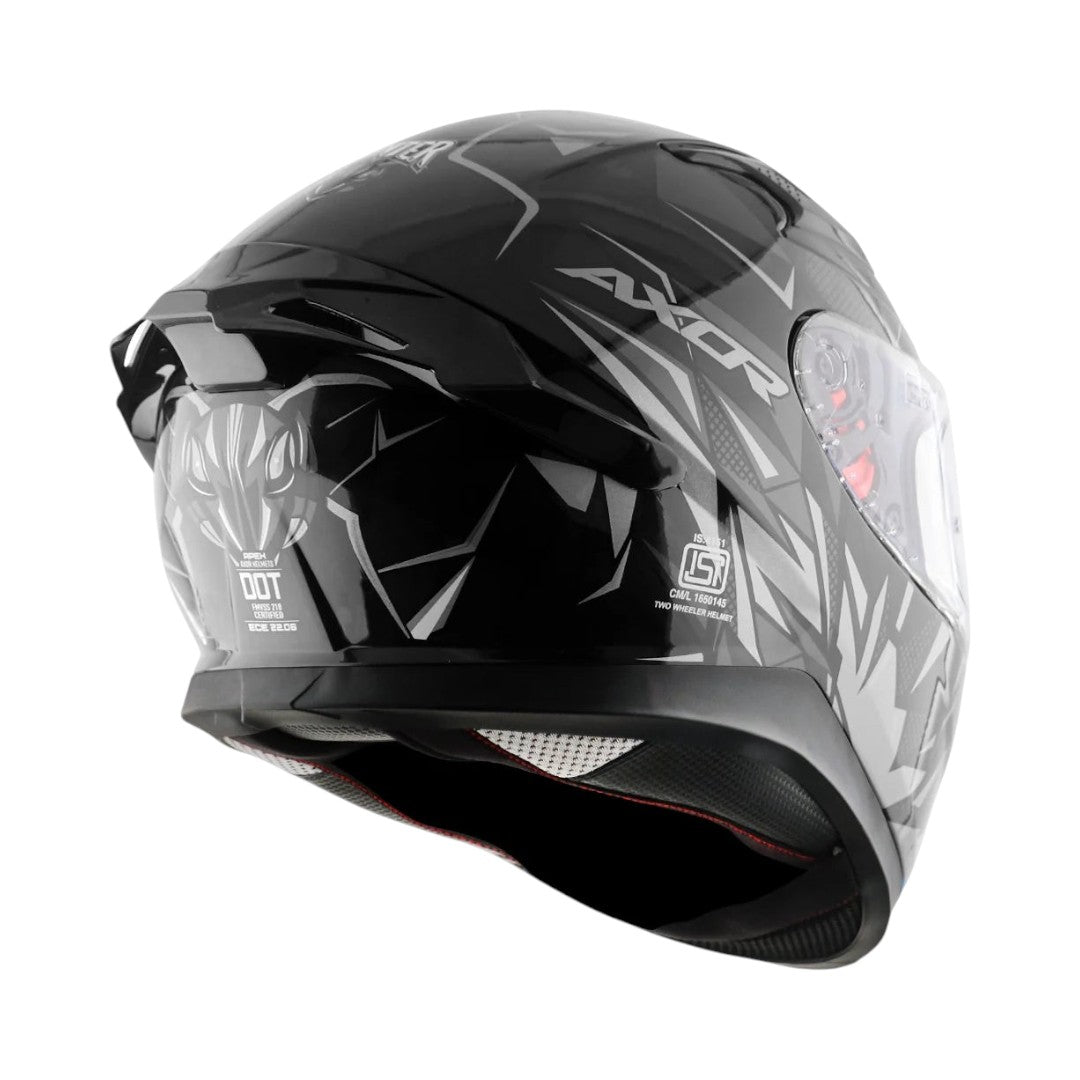 Motodrift Axor Apex Hunter full-face motorcycle helmet in black with angular prism graphics and rear spoiler