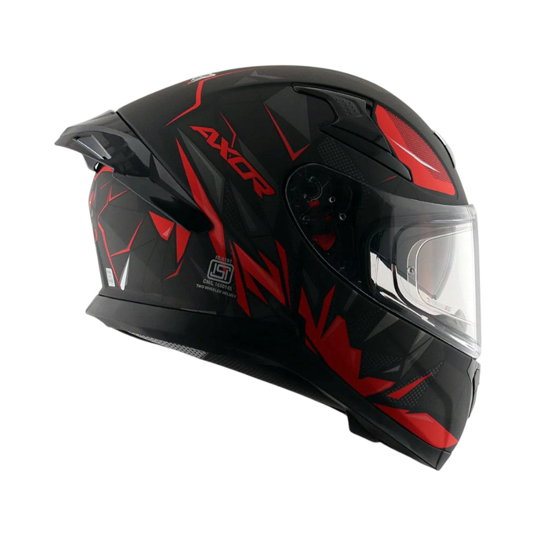 Motodrift Axor Apex Hunter full-face motorcycle helmet in black and red with angular prism graphics and clear visor