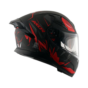 Motodrift Axor Apex Hunter full-face motorcycle helmet in black and red with angular prism graphics and clear visor