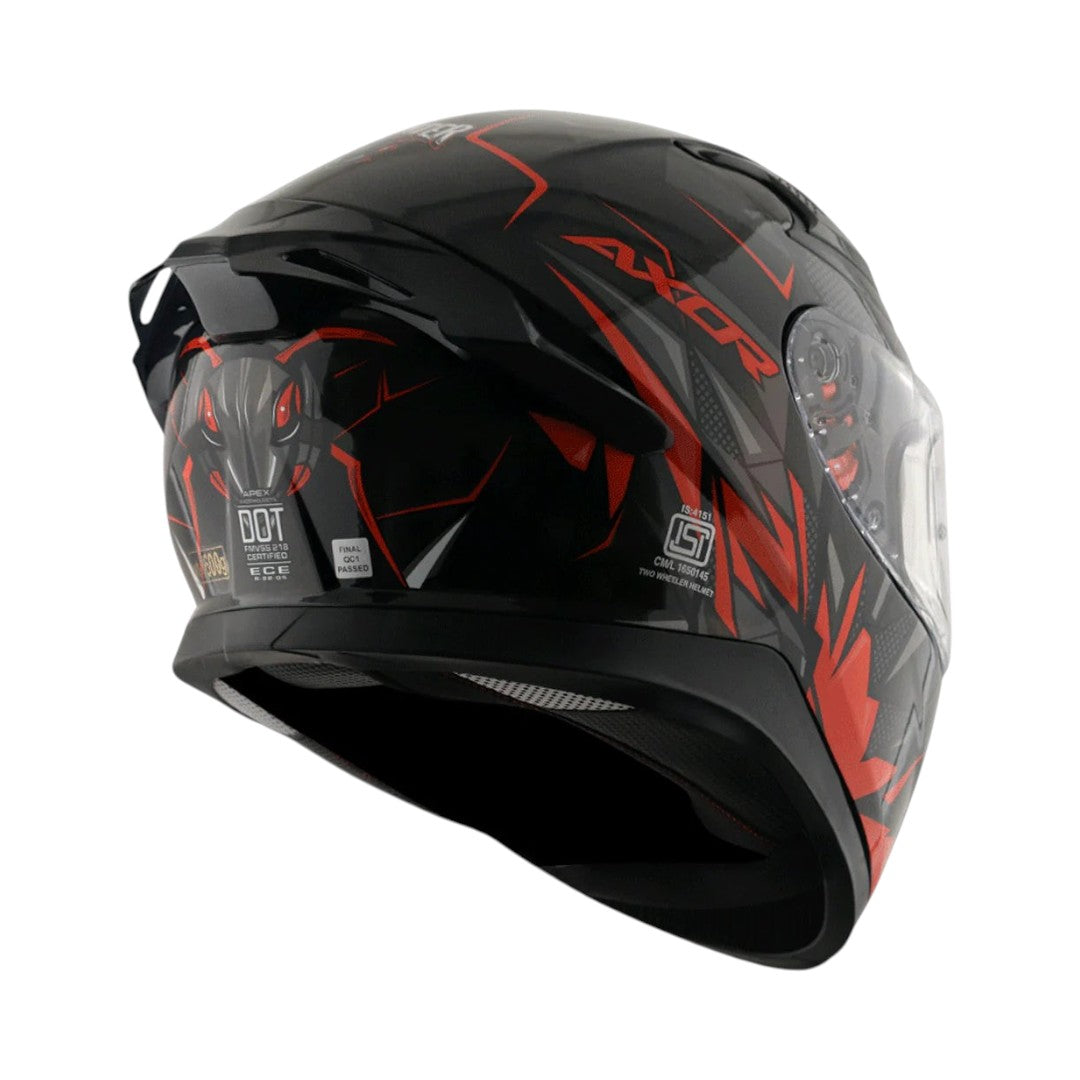Motodrift Axor Apex Hunter full-face motorcycle helmet in black with red angular prism graphics and rear spoiler