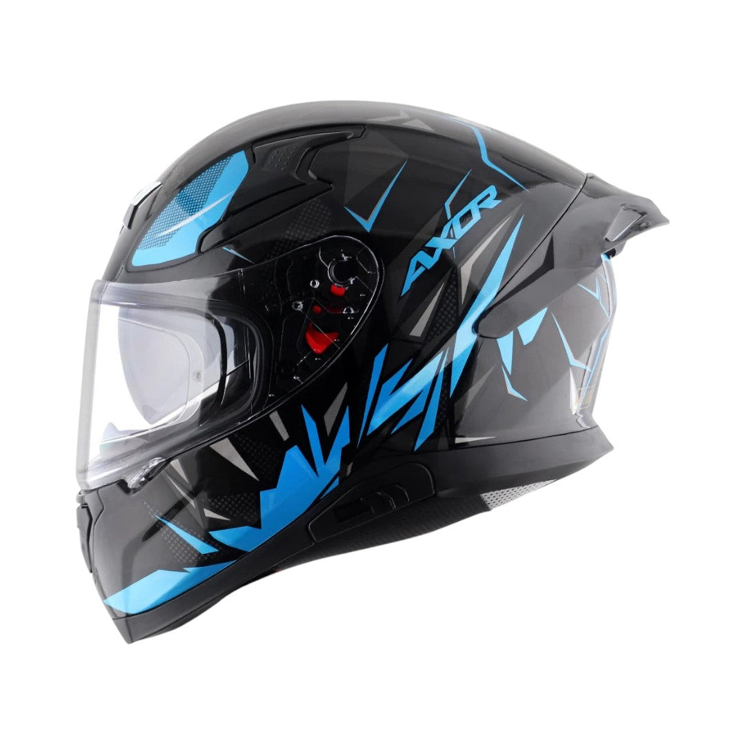 Motodrift Axor Apex Hunter full-face motorcycle helmet in black with blue angular prism graphic and clear visor