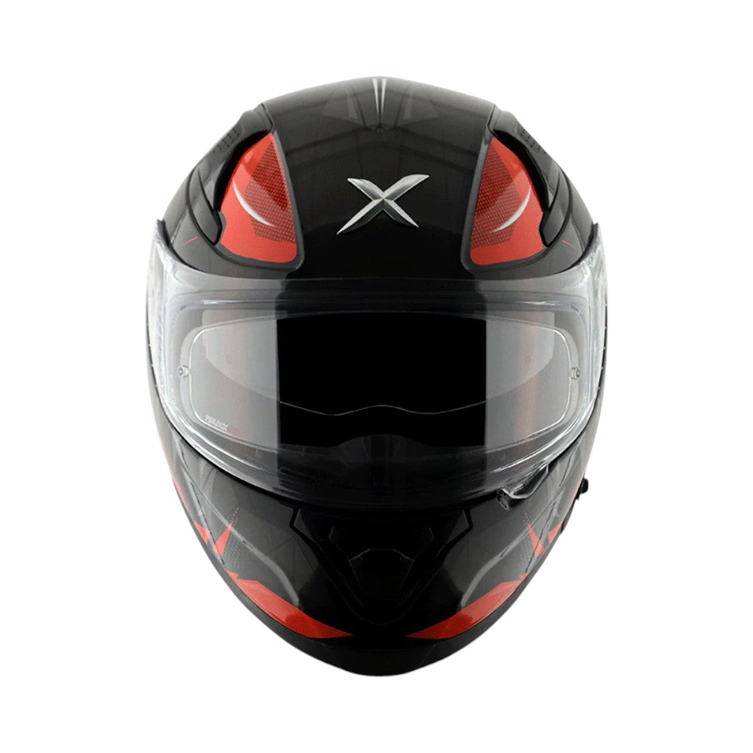 Motodrift Axor Apex Hunter full-face helmet in black and red with a futuristic graphic design and clear visor