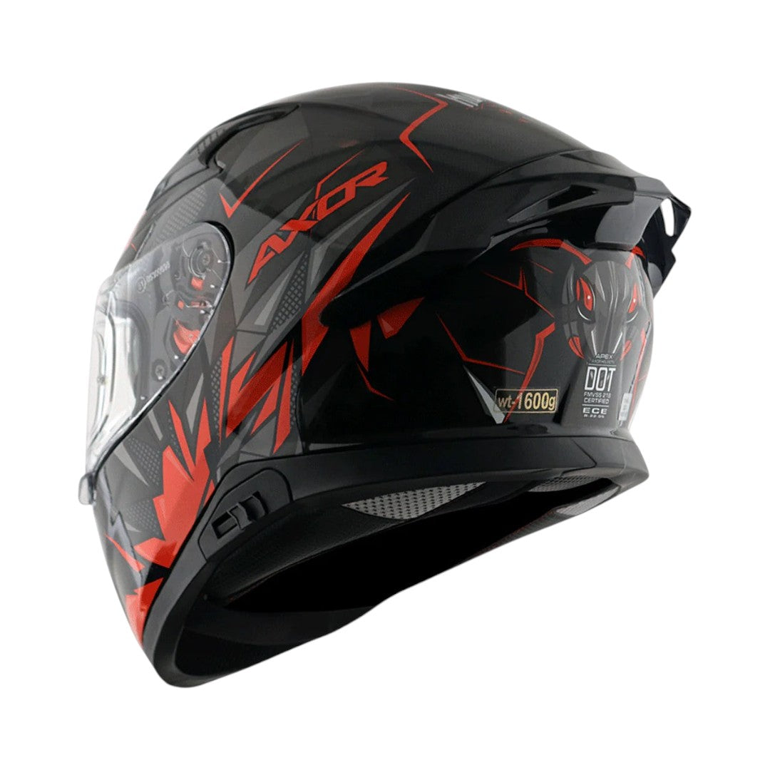 Motodrift Axor Apex Hunter full-face motorcycle helmet in black and red with angular prism graphic design