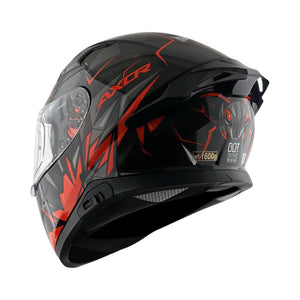 Motodrift Axor Apex Hunter full-face motorcycle helmet in black and red with angular prism graphic design