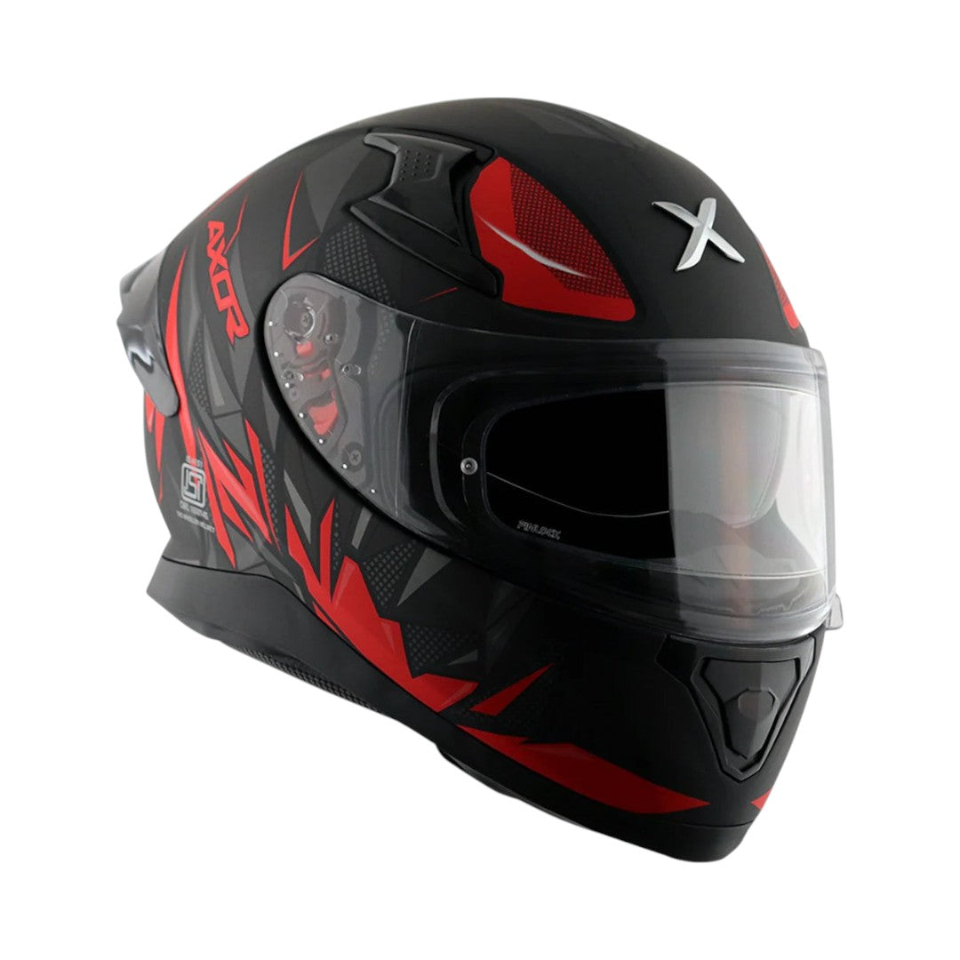 Motodrift Axor Apex Hunter full-face motorcycle helmet in matte black with red angular prism graphic design