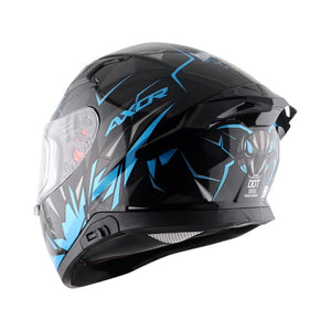 Motodrift Axor Apex Hunter full-face motorcycle helmet in black with blue angular prism graphics and rear spoiler