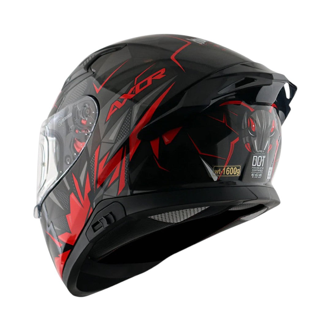 Motodrift Axor Apex Hunter full-face motorcycle helmet in black and red with futuristic prism graphic design