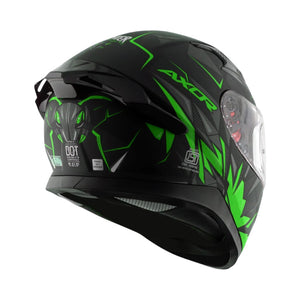 Motodrift Axor Apex Hunter full-face motorcycle helmet in black with vibrant green angular prism graphic design