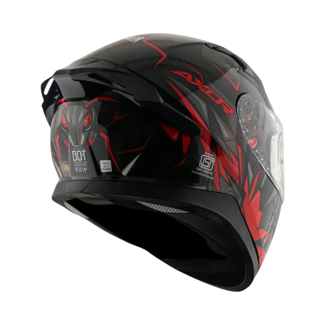 Motodrift Axor Apex Hunter full-face motorcycle helmet in black and red with angular graphic design and rear spoiler