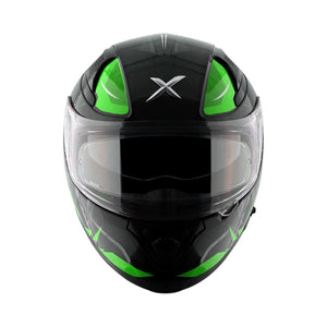 Motodrift Axor Apex Hunter full-face motorcycle helmet in black with vibrant green prism graphic details