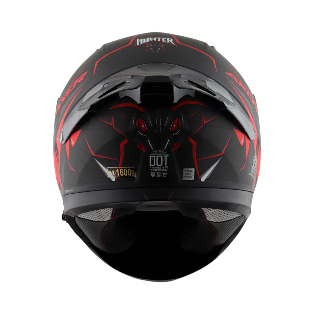 Motodrift Axor Apex Hunter full-face helmet in matte black with red angular graphics and rear ventilation detail