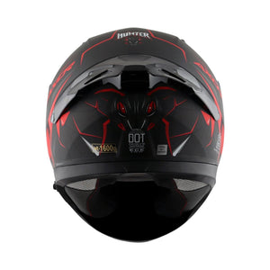 Motodrift Axor Apex Hunter full-face helmet in matte black with red angular graphics and rear ventilation detail