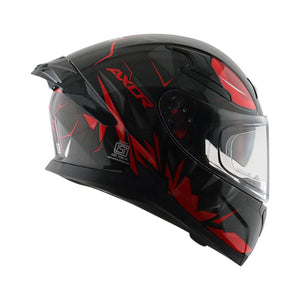 Motodrift Axor Apex Hunter full-face motorcycle helmet in black with red angular prism graphics and clear visor