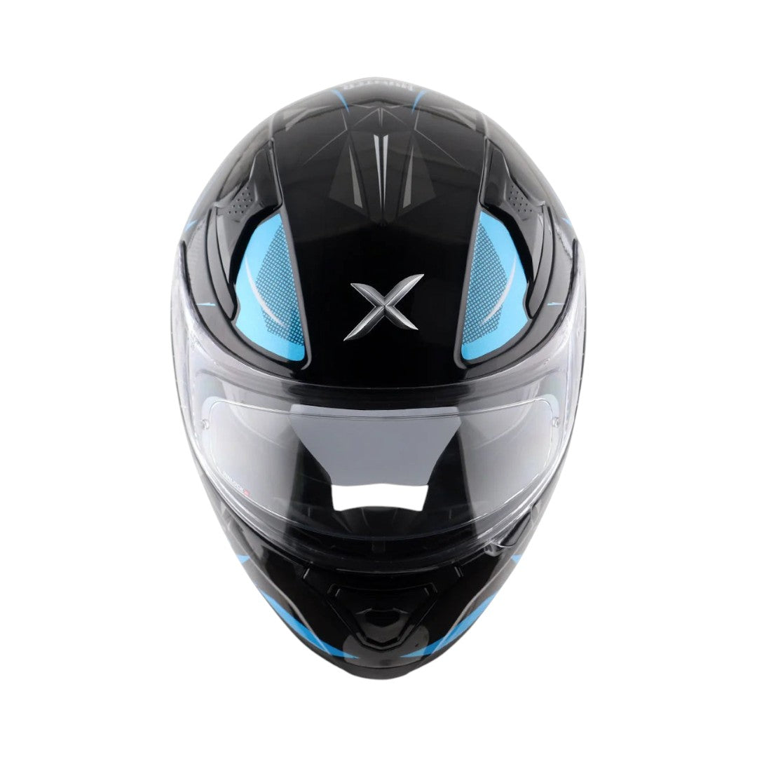 Motodrift Axor Apex Hunter full-face motorcycle helmet in black and blue with a futuristic graphic and clear visor