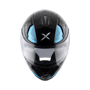 Motodrift Axor Apex Hunter full-face motorcycle helmet in black and blue with a futuristic graphic and clear visor