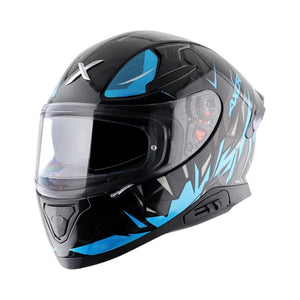Motodrift Axor Apex Hunter full-face helmet in black with blue angular prism graphics and a clear visor