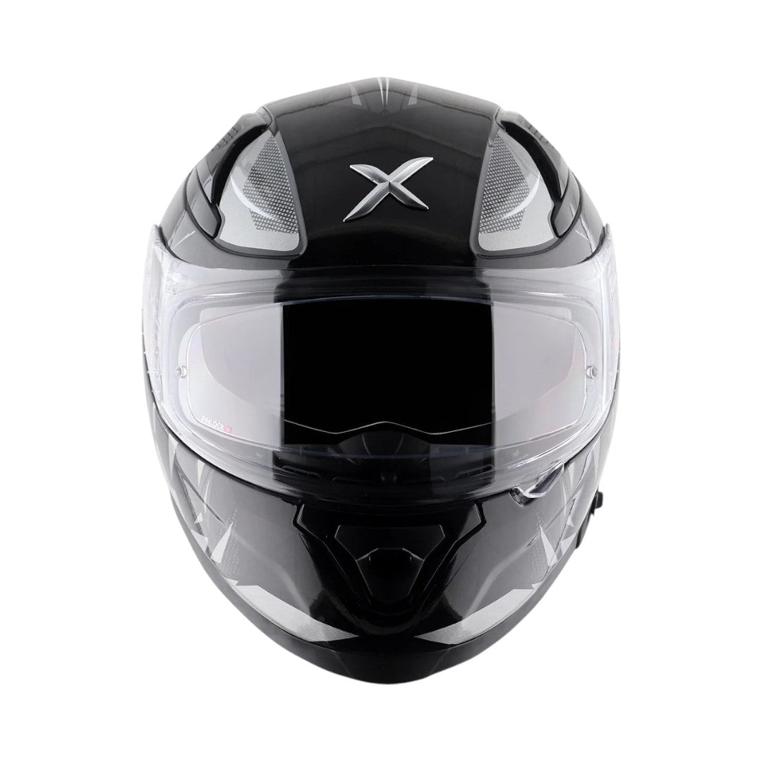 Motodrift Axor Apex Hunter full-face motorcycle helmet in black with futuristic prism graphics and clear visor