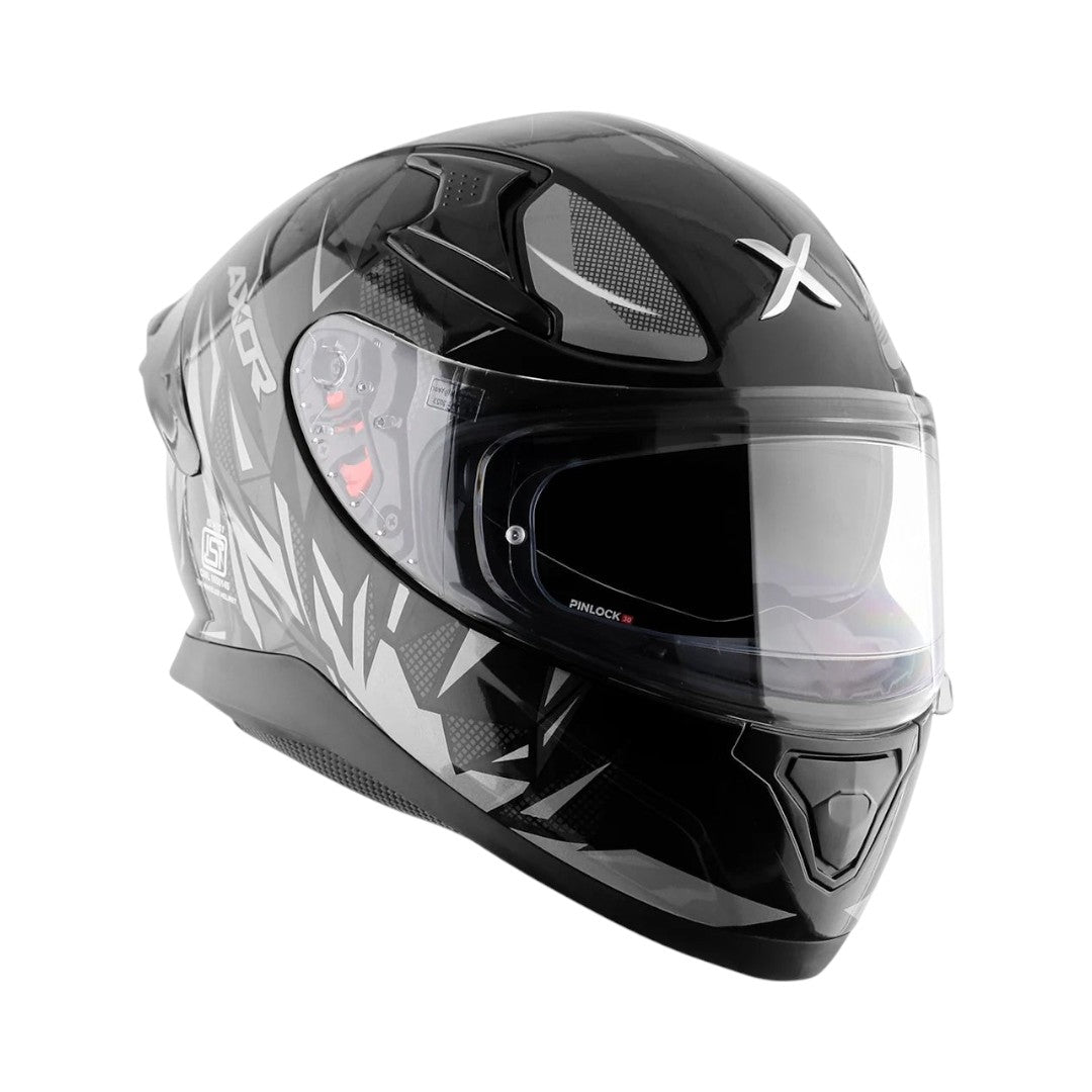 Motodrift Axor Apex Hunter full-face motorcycle helmet in black with angular prism graphics and clear visor