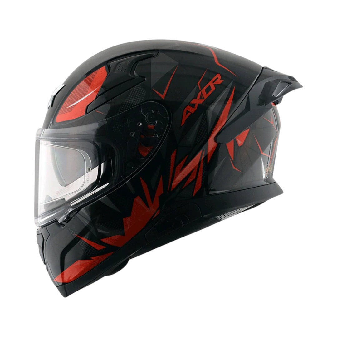 Motodrift Axor Apex Hunter full-face helmet in black and red with futuristic angular prism graphics and clear visor