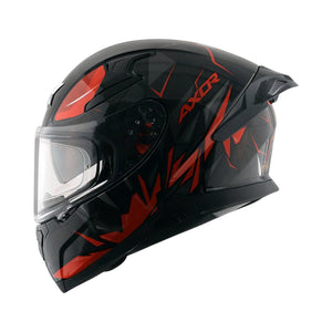 Motodrift Axor Apex Hunter full-face helmet in black and red with futuristic angular prism graphics and clear visor