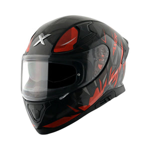 Motodrift Axor Apex Hunter full-face motorcycle helmet in black and red with futuristic prism graphic and clear visor