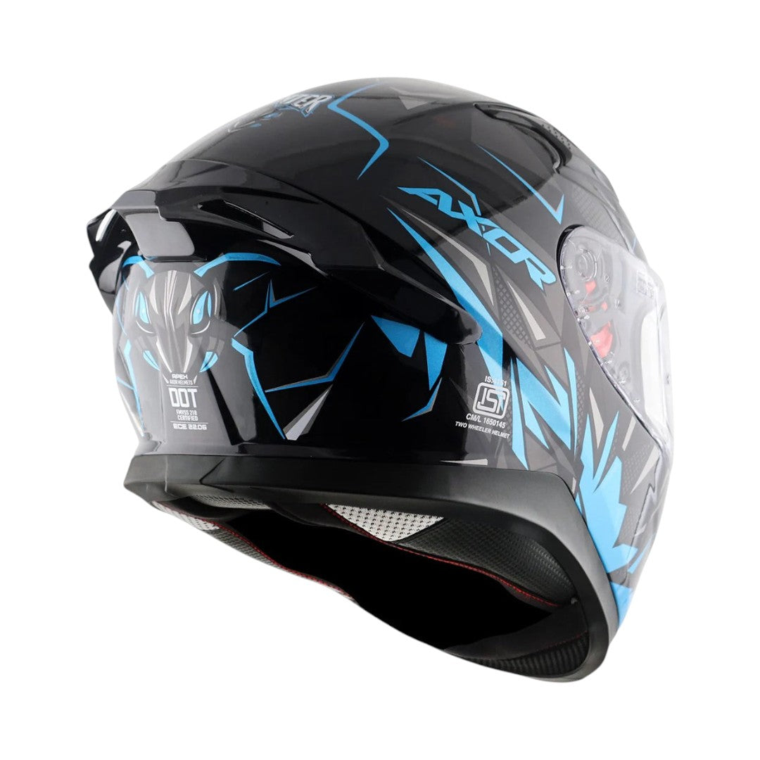 Motodrift Axor Apex Hunter full-face helmet in black with blue angular prism graphics, rear view showing spoiler