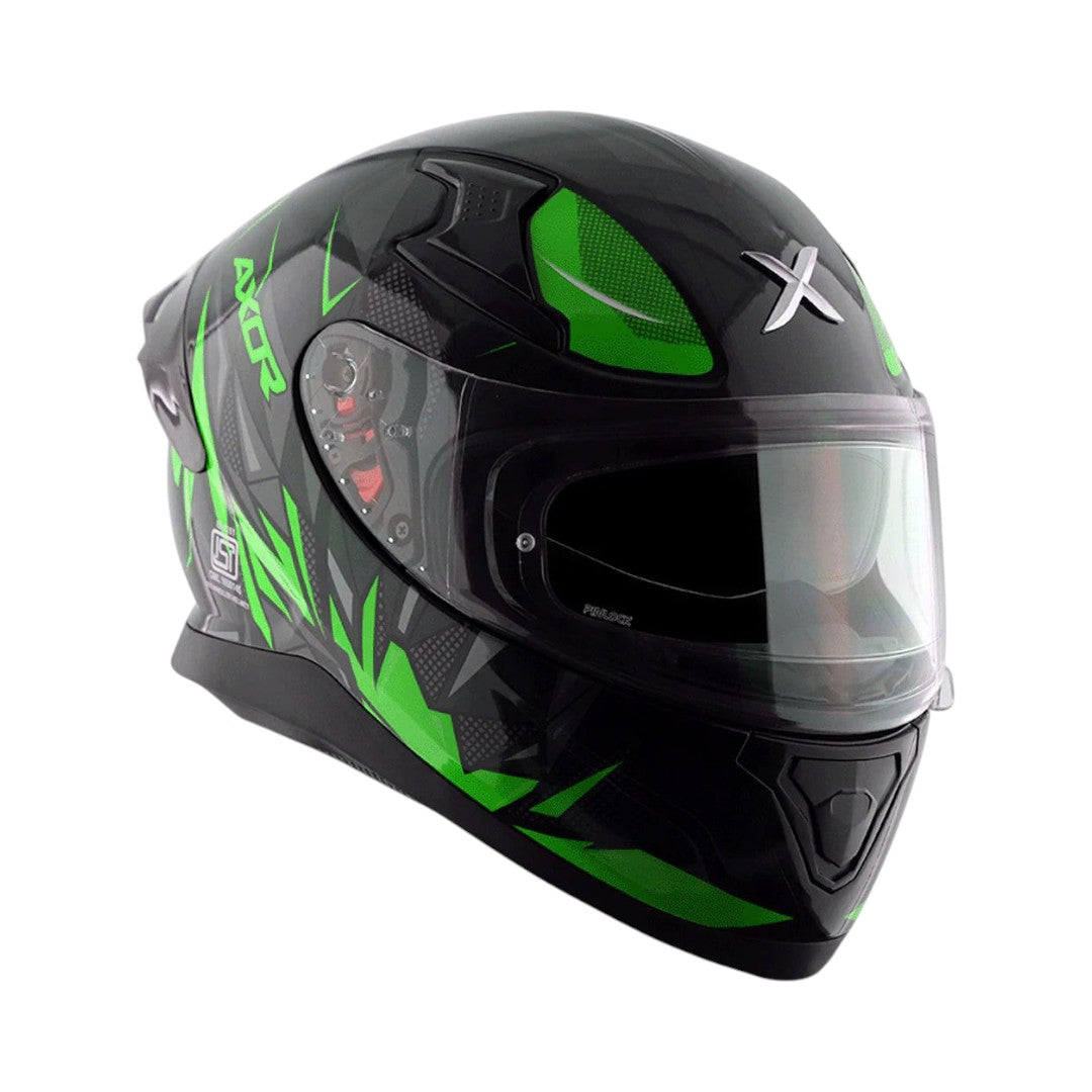 Motodrift Axor Apex Hunter full-face motorcycle helmet in black with vibrant green angular prism graphic design