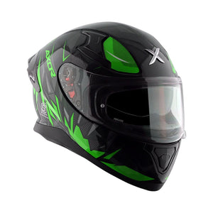 Motodrift Axor Apex Hunter full-face motorcycle helmet in black with vibrant green angular prism graphic design