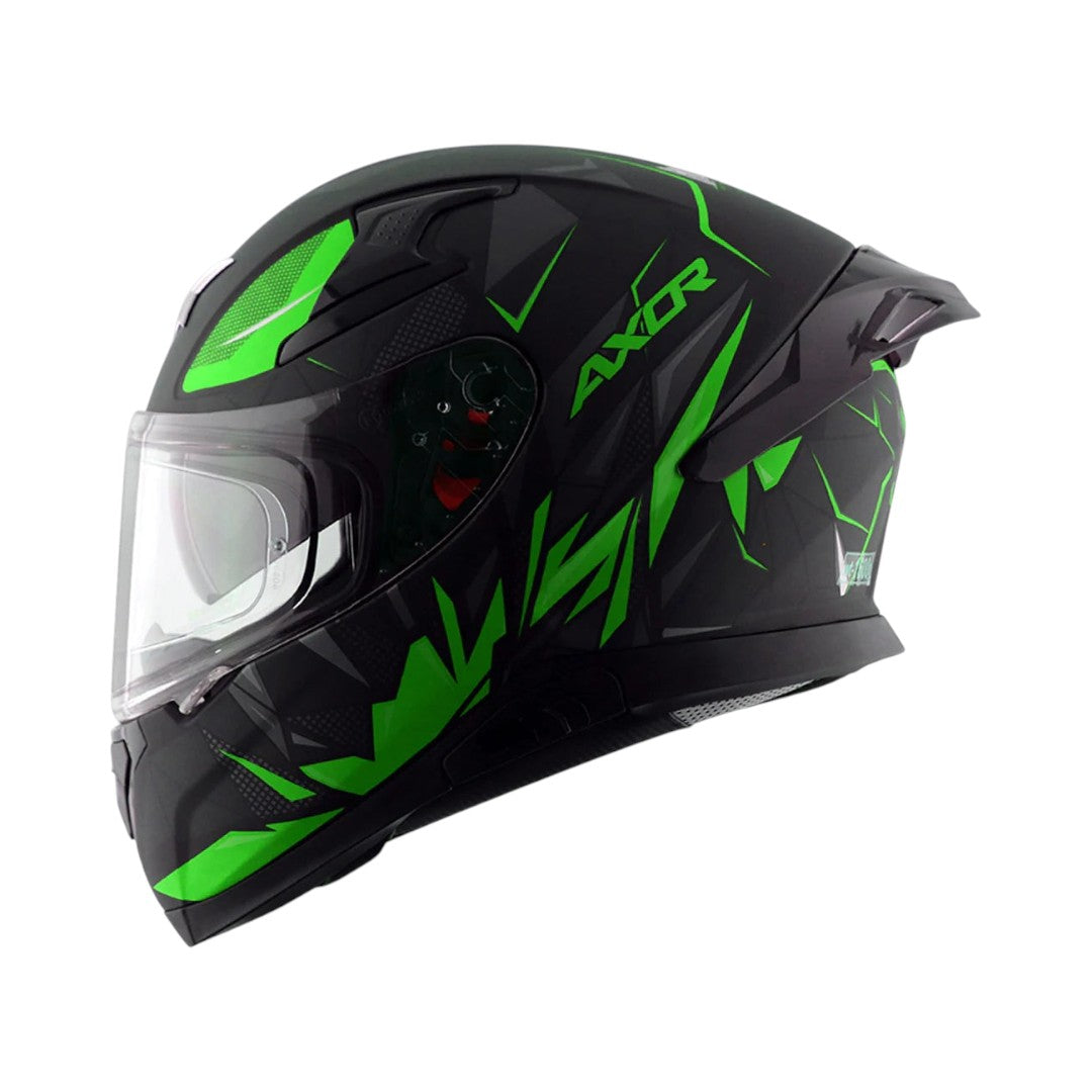 Motodrift Axor Apex Hunter full-face motorcycle helmet in black with vibrant green angular prism graphic design