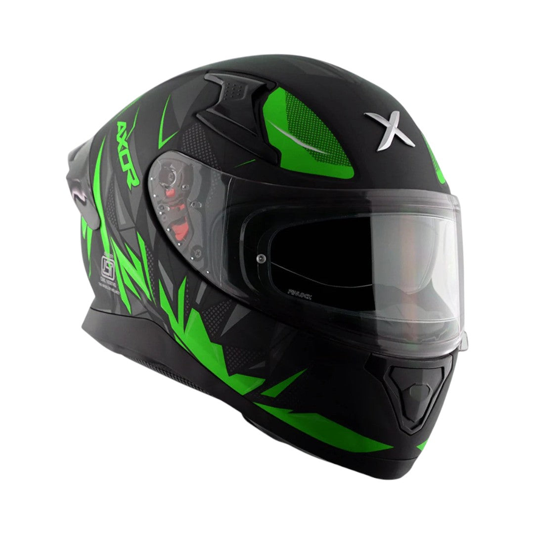 Motodrift Axor Apex Hunter full-face motorcycle helmet in matte black with vibrant green angular graphic patterns