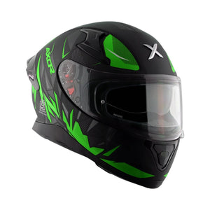 Motodrift Axor Apex Hunter full-face motorcycle helmet in matte black with vibrant green angular graphic patterns