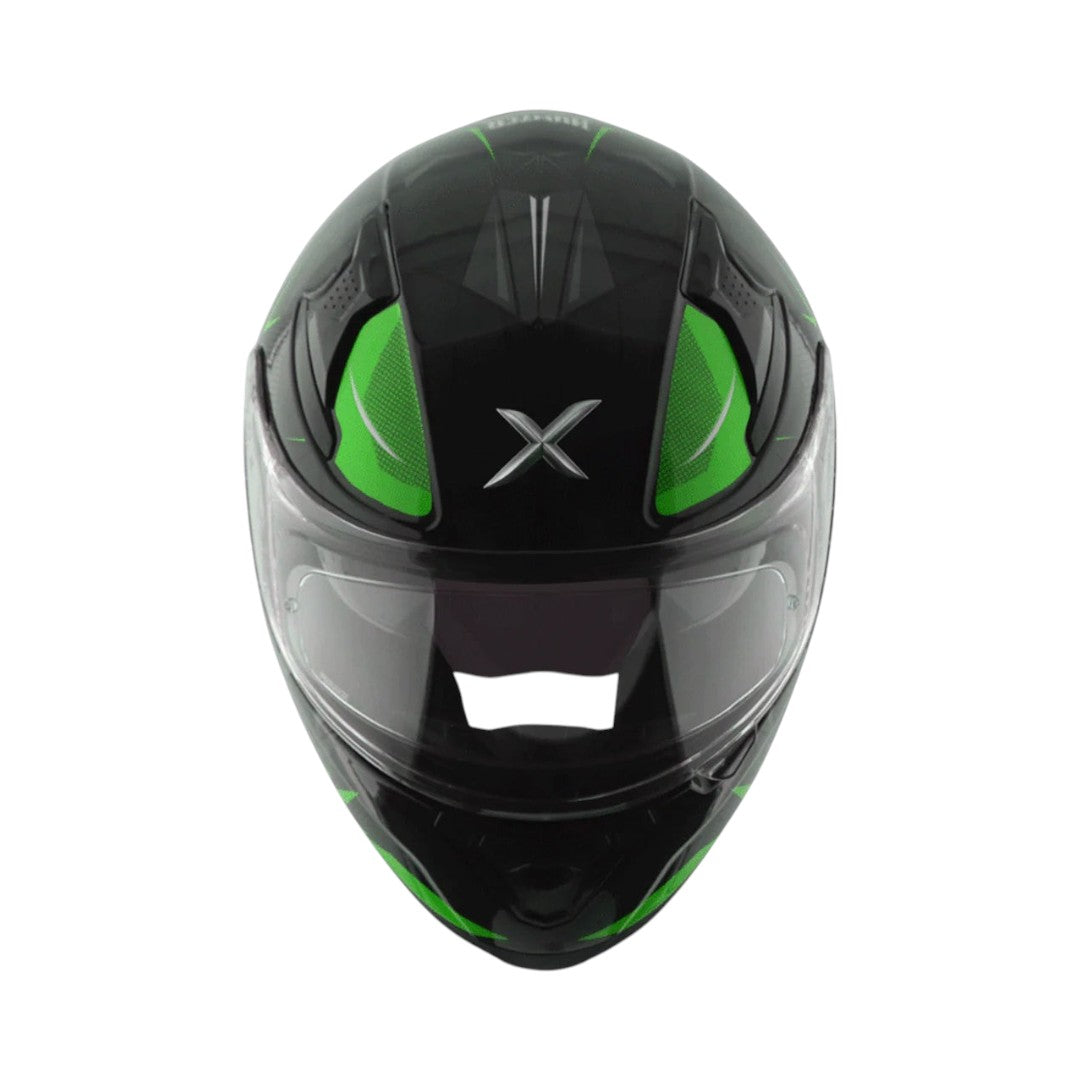 Motodrift Axor Apex Hunter full-face motorcycle helmet in black and green with a futuristic prism graphic design