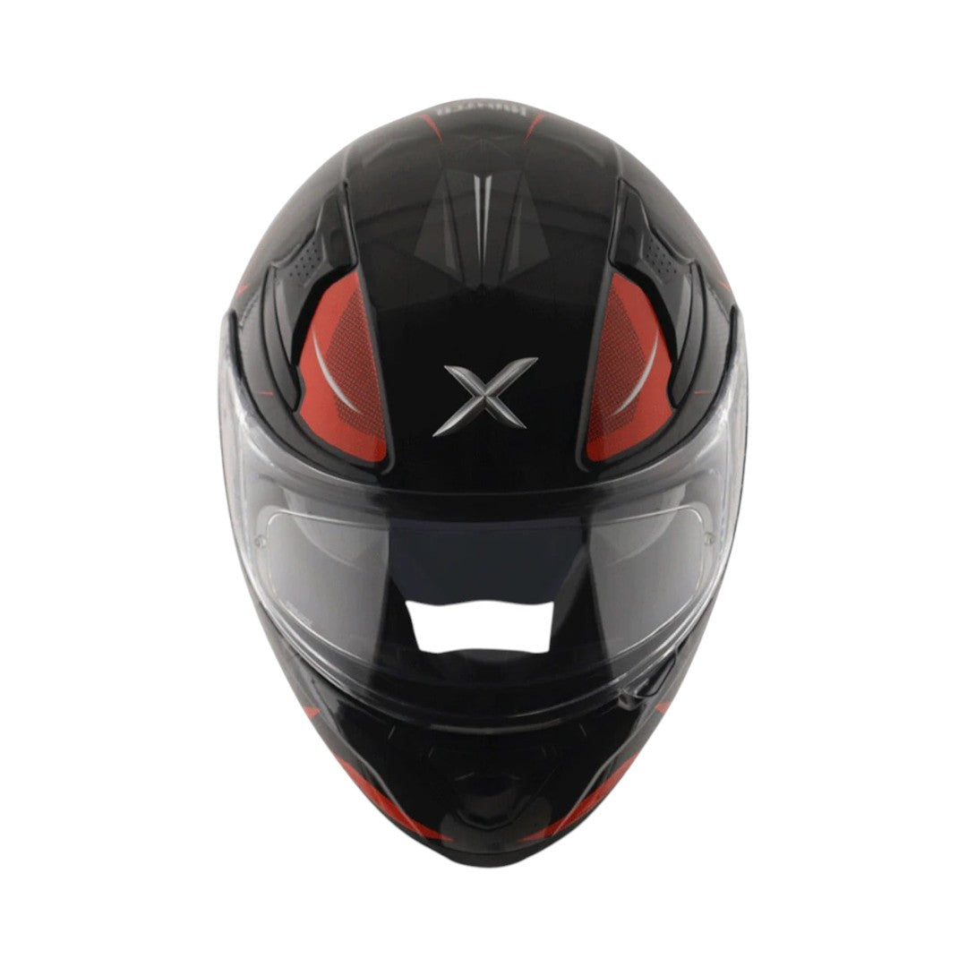 Motodrift Axor Apex Hunter full-face motorcycle helmet in black and red with a futuristic prism graphic design