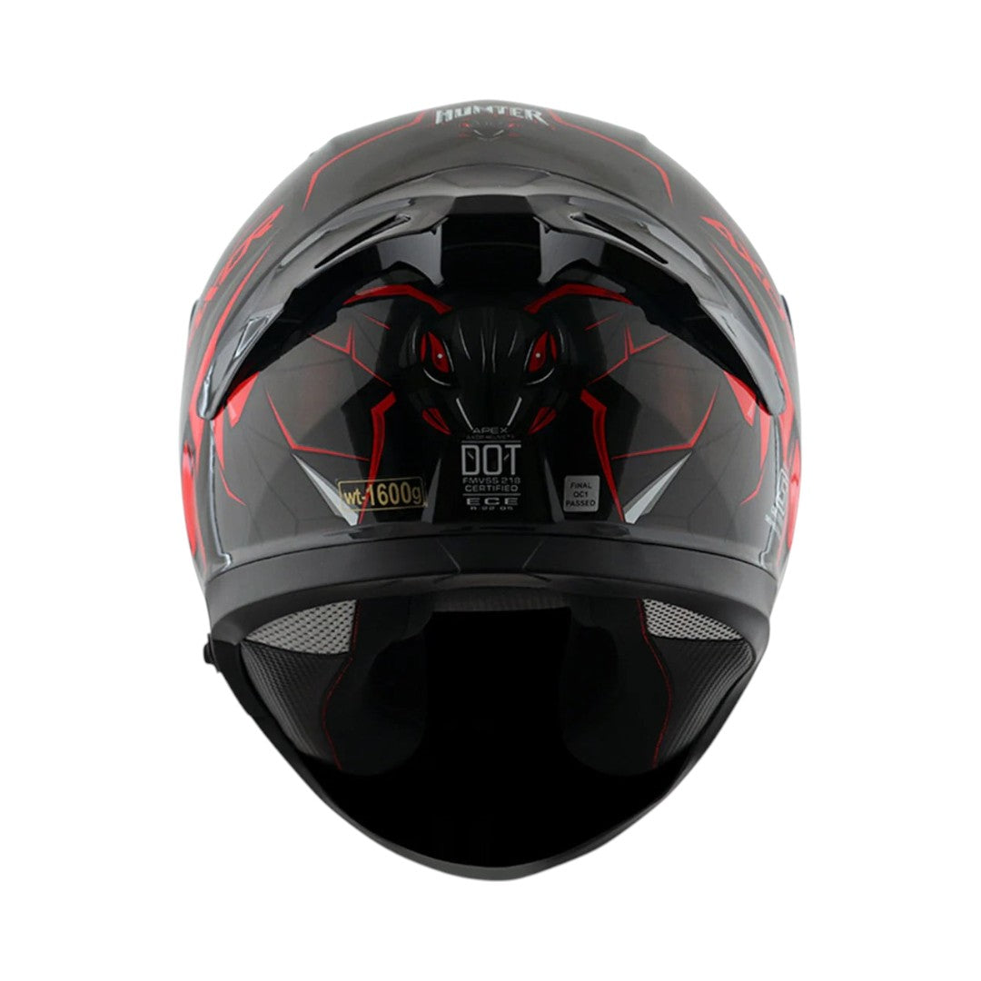 Motodrift Axor Apex Hunter full-face helmet in black and red with angular prism graphics, rear view showing DOT rating.