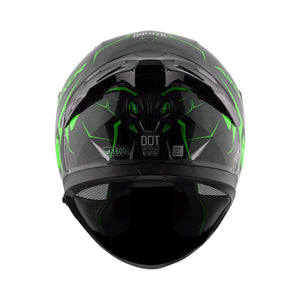 Motodrift Axor Apex Hunter full-face motorcycle helmet in black with vibrant green angular prism graphic rear view