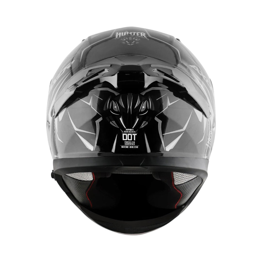 Motodrift Axor Apex Hunter full-face motorcycle helmet in black with angular graphic design, rear view