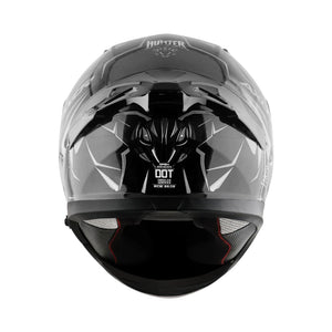 Motodrift Axor Apex Hunter full-face motorcycle helmet in black with angular graphic design, rear view